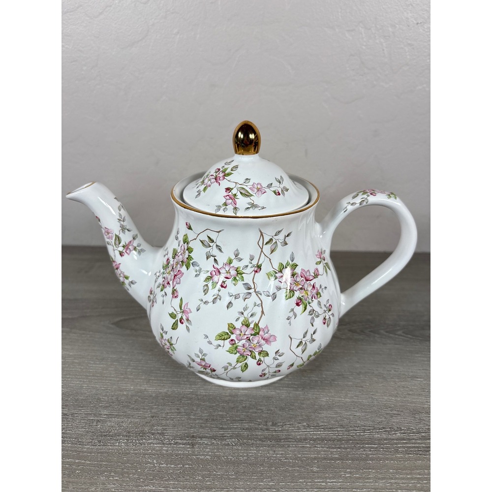 Vintage Arthur Wood & Son Swirl Effect England Teapot Pink Floral Gold Trim 6643